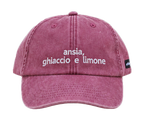 Cappello bordeaux Offmode con la frase "ansia, ghiaccio e limone" ricamata