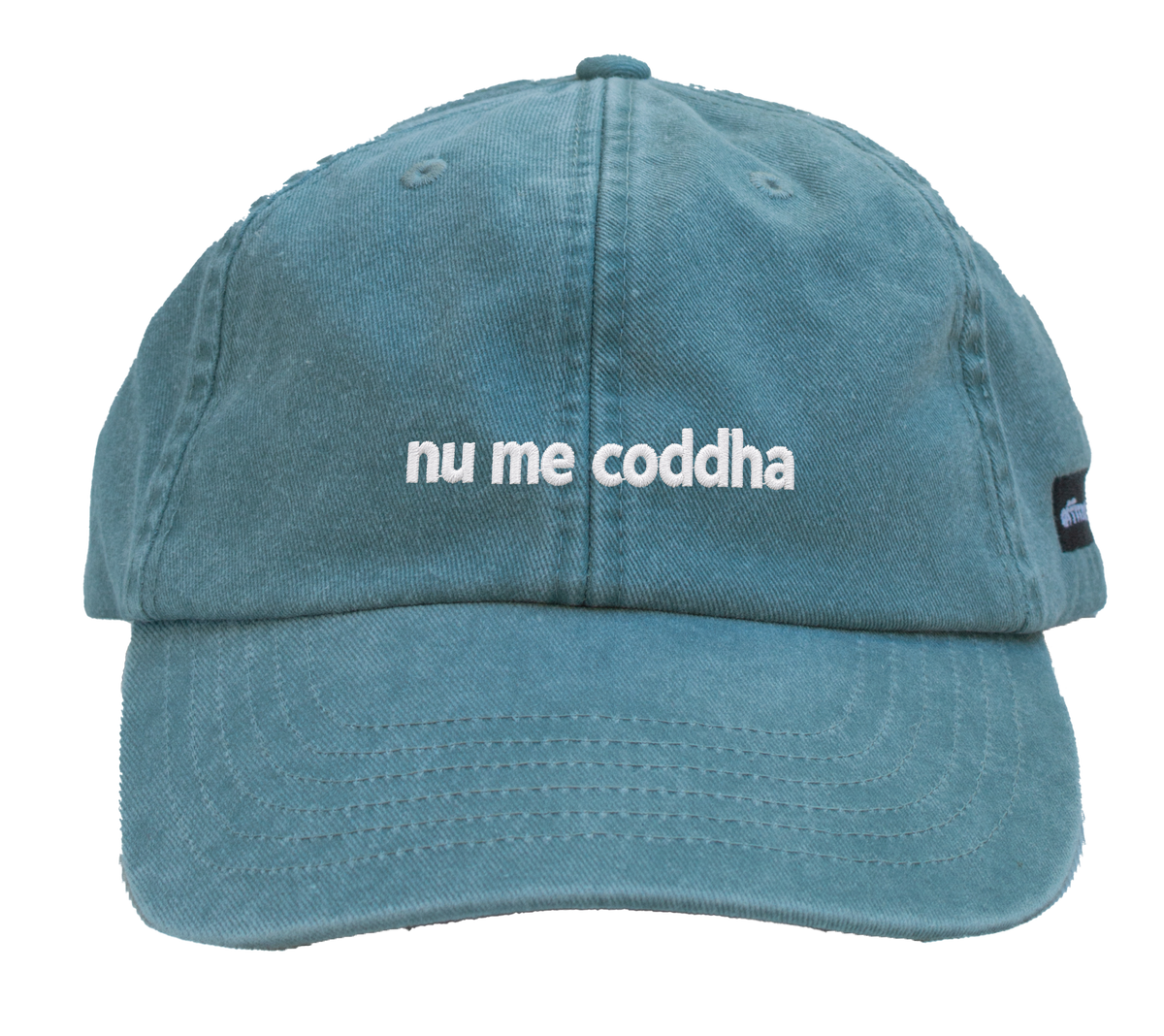 Cappello salvia Offmode con la frase salentina "nu me coddha" ricamata