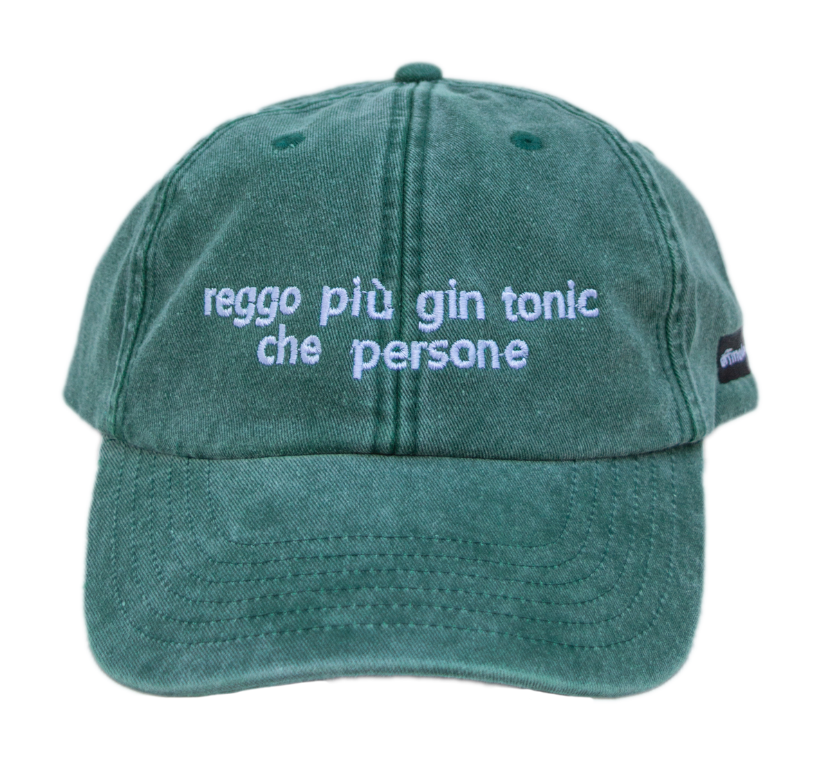 Cappello verde Offmode con la frase "reggo più gin tonic che persone" ricamata